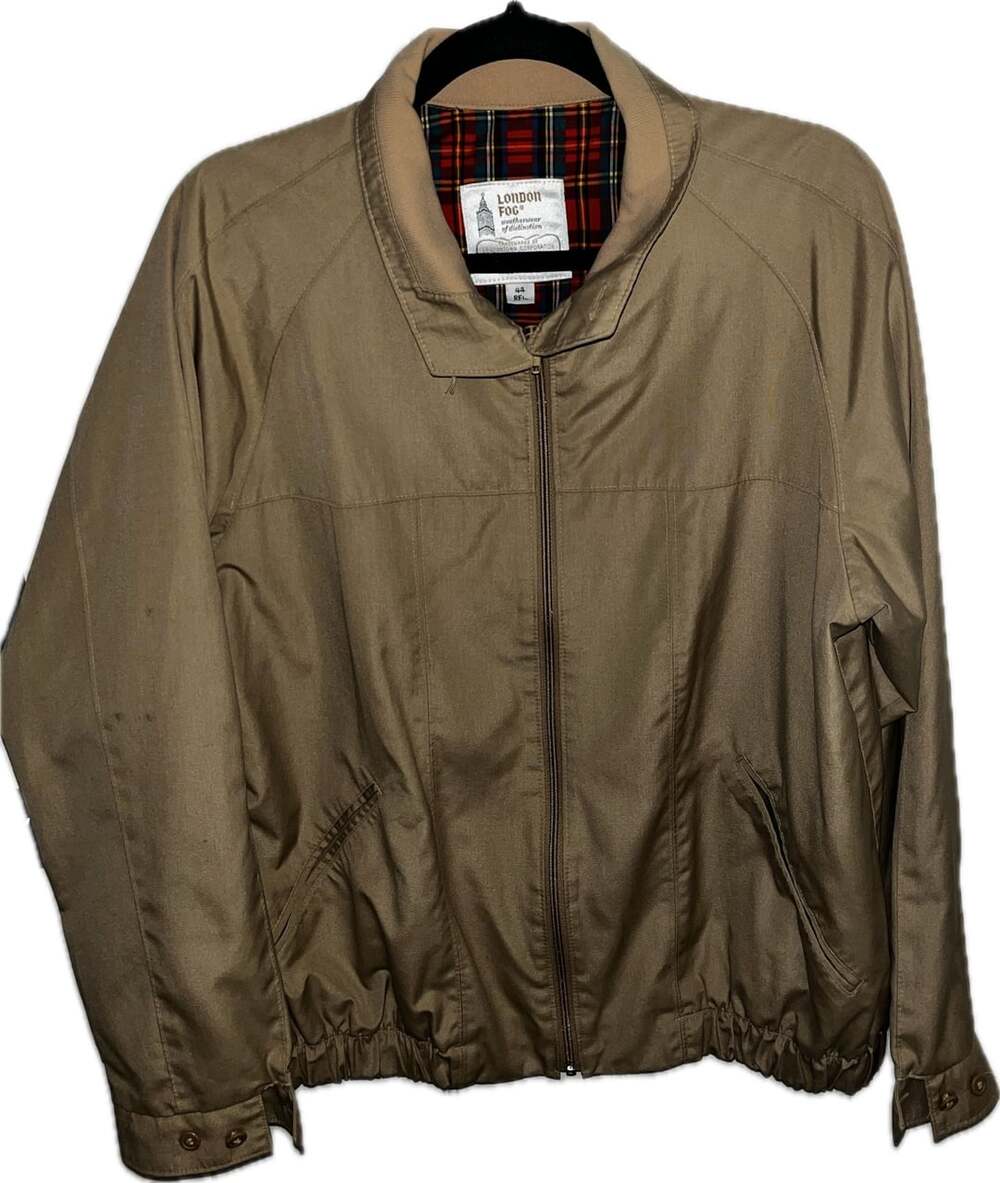 London Fog Bomber Jacket Size 44 Reg Tan Plaid Lined Vintage